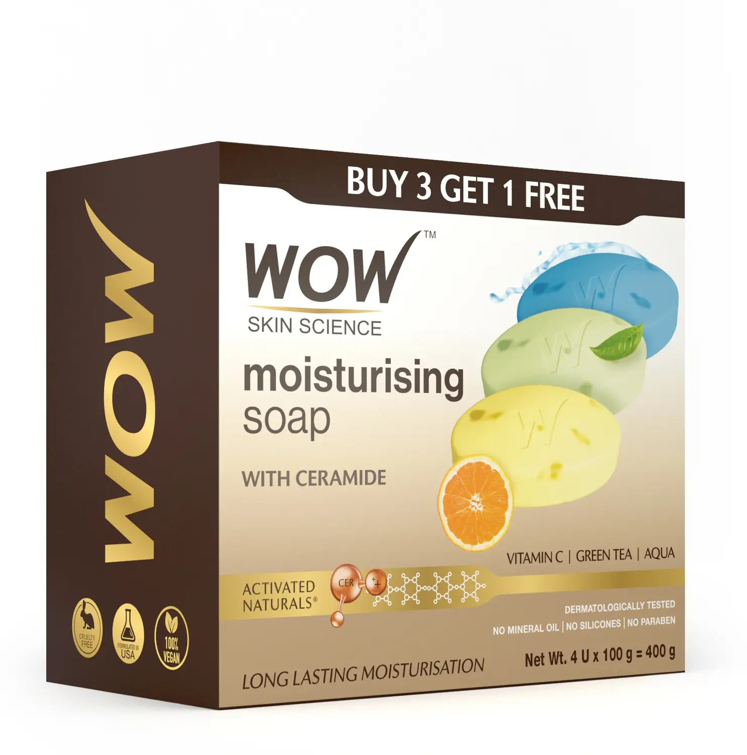 Wow Skin Science Moisturising Soaps With Ceramide - Vitamin C, Green Tea, Aqua, 500 g (5 x 100 g)