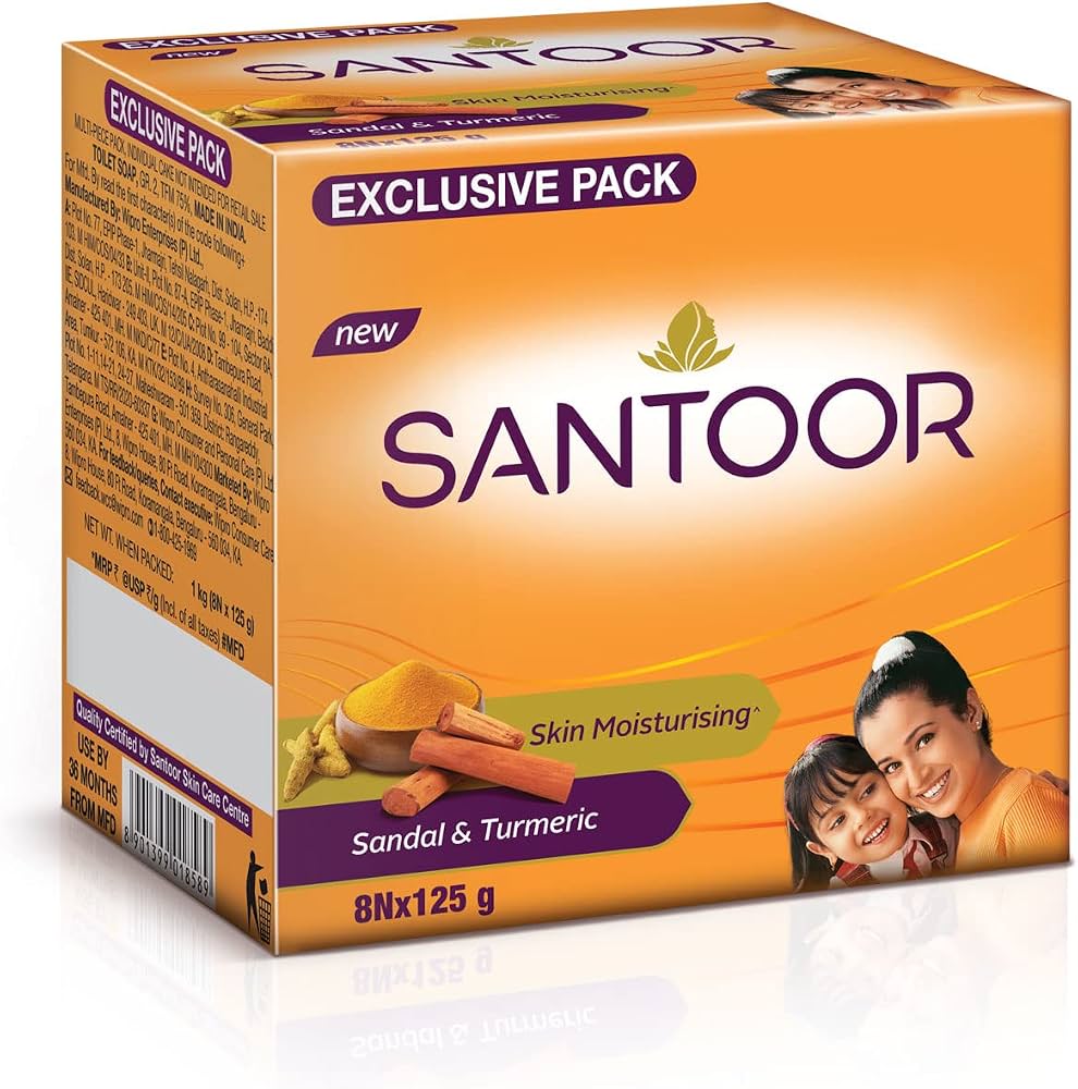 Santoor Skin Moisturizing Sandal & Turmeric Bathing Soap, 125 g (Pack of 8)