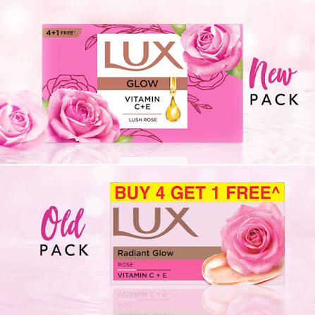 Lux Glow Lush Rose Bathing Soap Bar With Vitamin C & E, 750 g (4x150 g + 150 g Free)