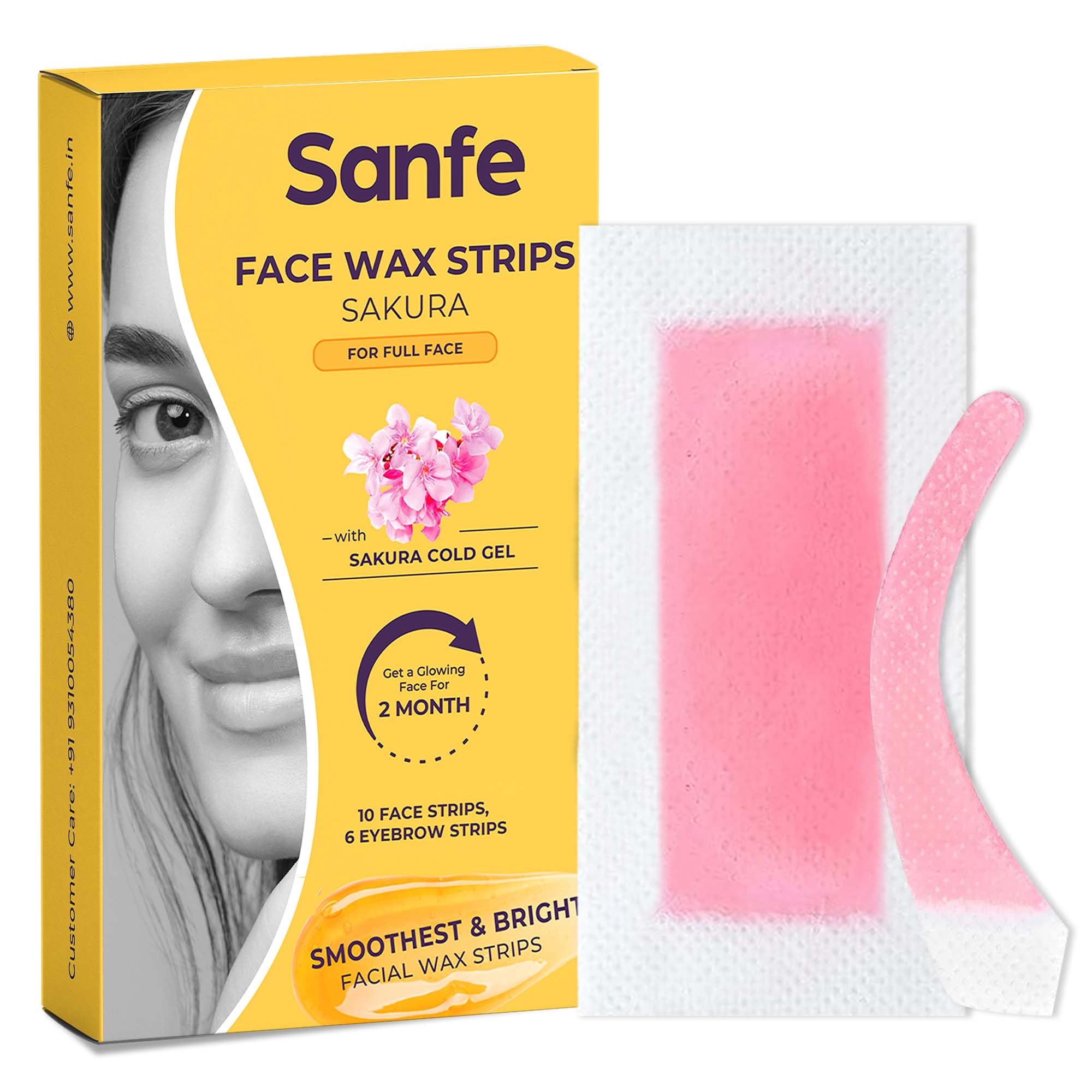 Sanfe Facial Wax Strips Sakura, 16 pcs (6 Eyebrow + 10 Facial Strips)