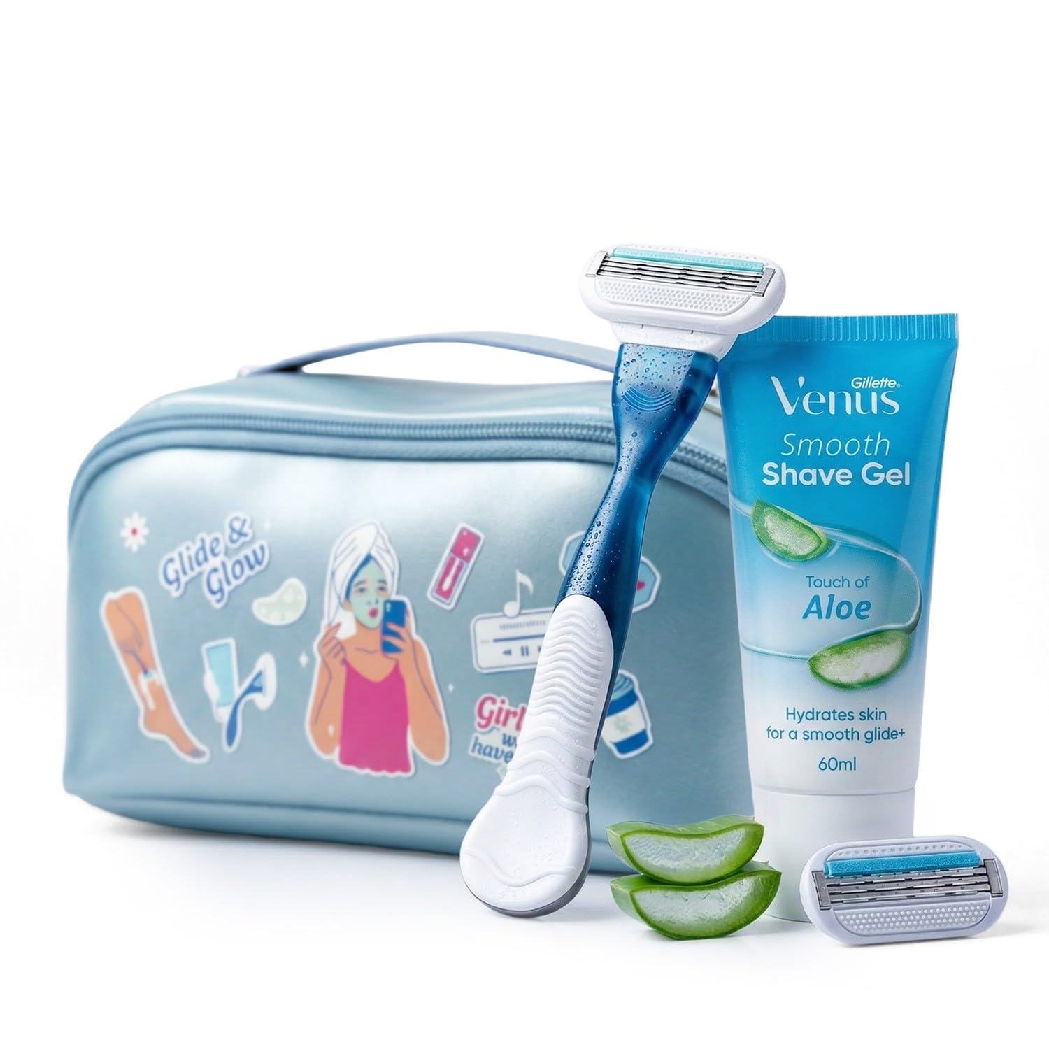 Gillette Venus Glow Regimen Kit - Sensitive Razor + Refill, Shave Gel & Prajakta Kohli Pouch