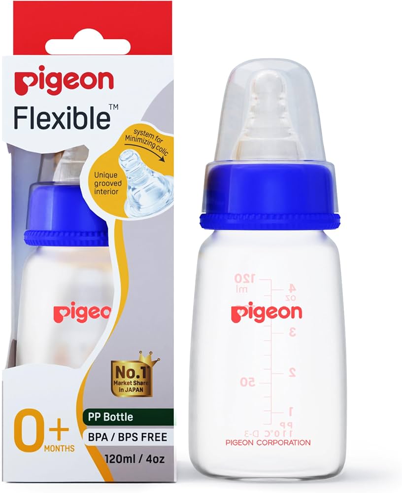 Pigeon Baby Peristaltic Nursing Bottle PP - 0+ Months, Nipple S, Blue & White, 120 ml (Pack of 2)
