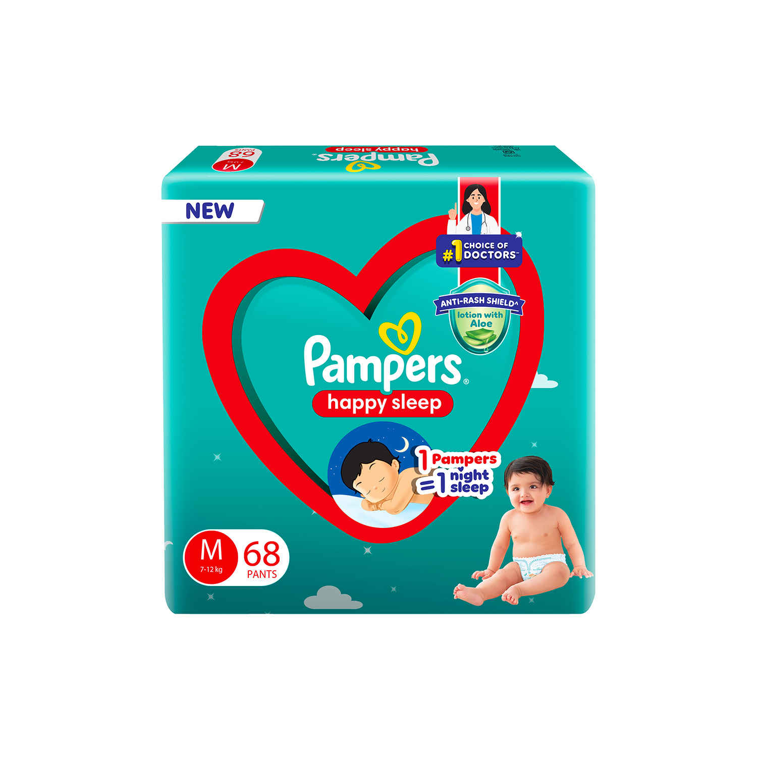 Pampers Happy Sleep Baby Diapers Pants - 7-12 kg, Medium, 68 pcs