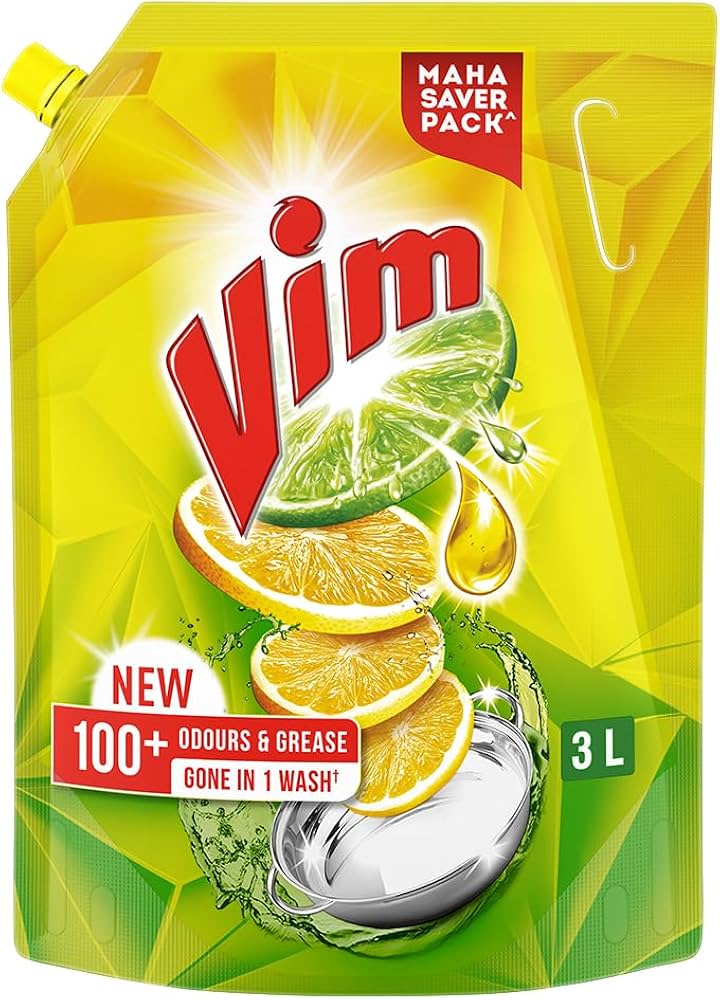 Vim Dishwash Liquid - Removes 100+ Odours & Grease In 1 Wash, 3 L Refill Pouch