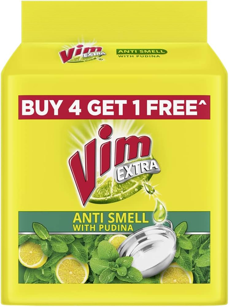 Vim Extra Anti Smell Dishwash Bar With Pudina, 190 g (Buy 4 Get 1 Free)